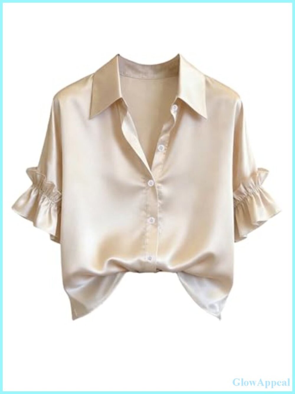 Satin Ruffled Button-Down Blouse Short Sleeve Collared Work Top